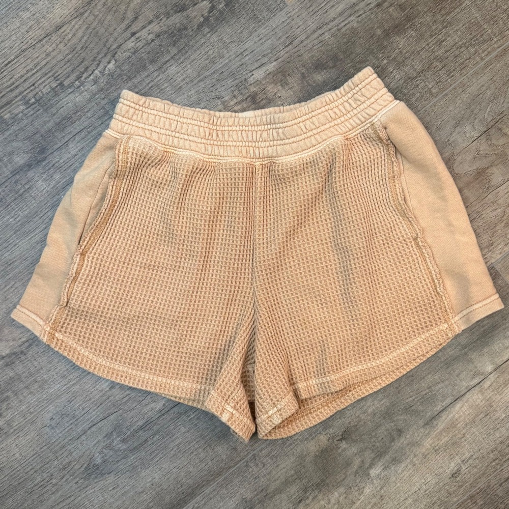 Aerie Womens XS Tan Waffle Knit Lounge Shorts Elastic Waist Pockets Casual Gym